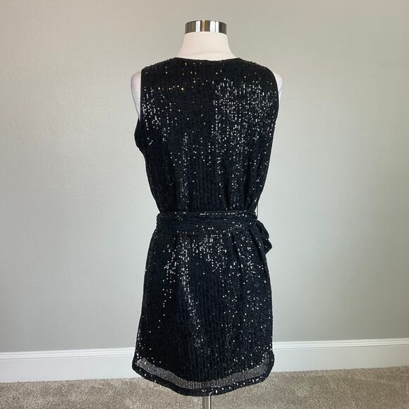 Black Sequined Cocktail Dress Size 10 Sleeveless Mini Sheath V-Neck by AQUA - Picture 6 of 12